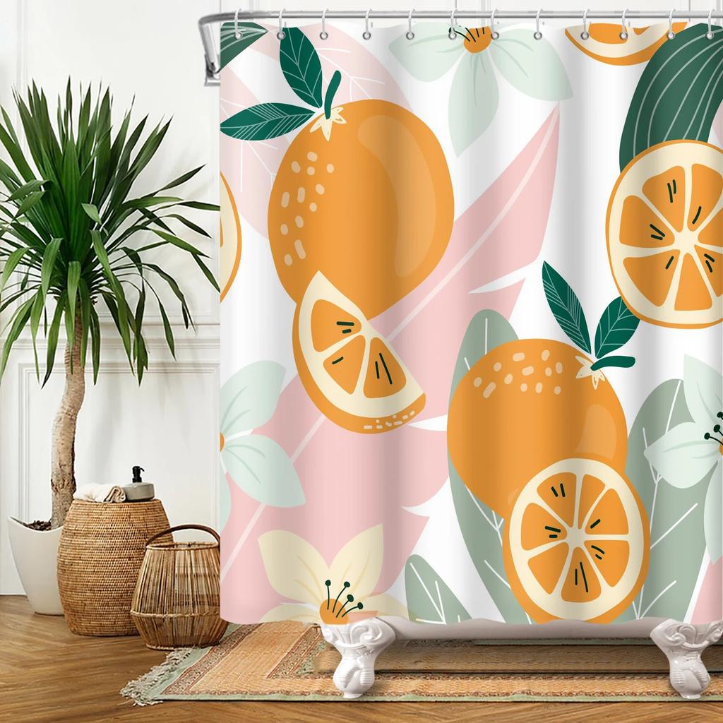 Fresh Fruits Shower Curtain Orange Banana Peach Watermelon Pattern Kids Bathroom Decor Waterproof Polyester Fabric 12 Hooks