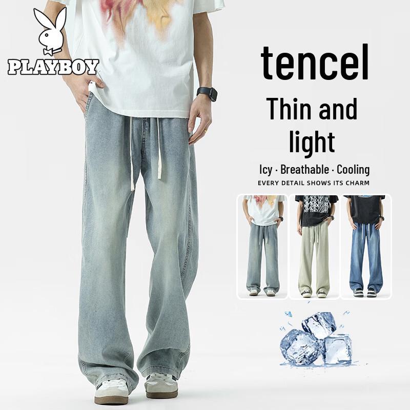 

PLAYBOY Men s Lyocell Tencel Lightweight Straight Wide-Leg Casual Jeans XL