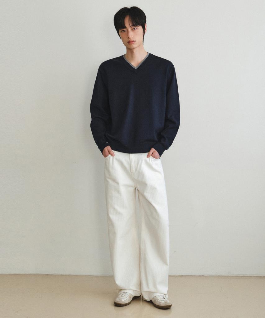Wednesday Oasis Washable Double Layered V-Neck Knit_Navy(Wc26Kn34)