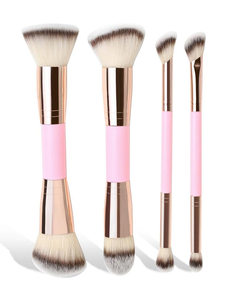 4-Piece Dual-End Makeup Brush Set: Foundation, Blush, Contour, Eye Shadow Blending with Soft Three-Color Bristles