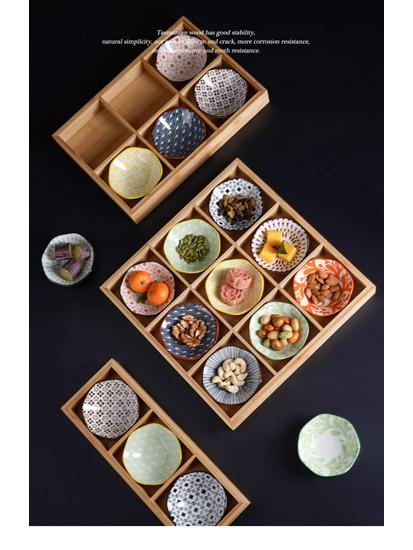 Nine-Compartment Solid Wood & Ceramic Tray for Dried Fruits, Nuts & Tea Snacks - Chinese & Japanese Style.