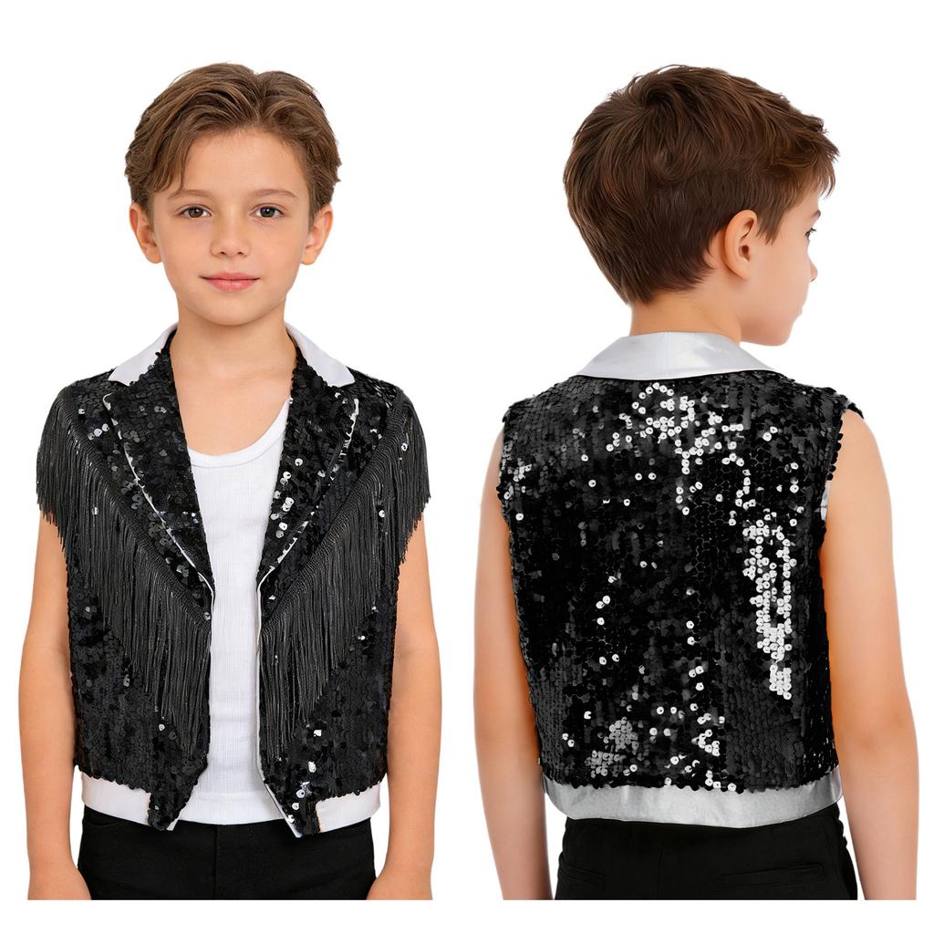 Boys Jazz Dance Stage Performance Tassel Sparkling Sequin Vest Contrast Color Lapel Collar Sleeveless Top