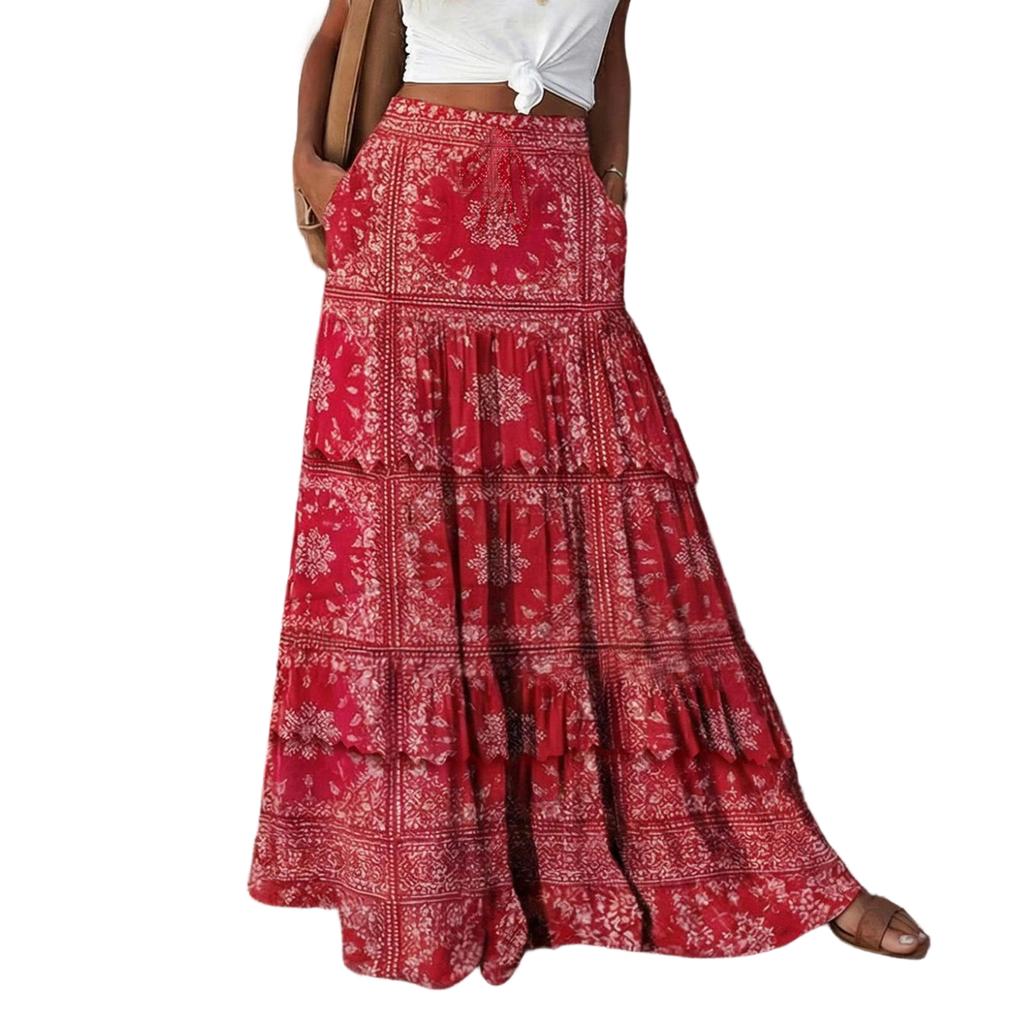Women's Fashion Bohemian Print Elastic Waist Skirt Loose Casual High Waist Tie Long Skirt