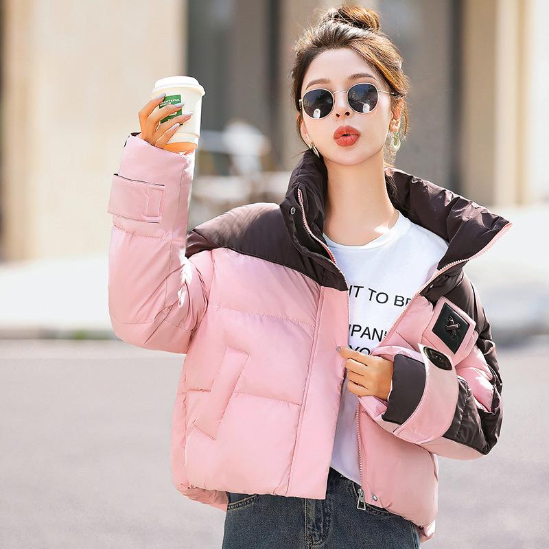 Short down cotton jacket color-blocking bread jacket 2025 winter new warm and thickened women's Korean version of high-waisted cotton jacket