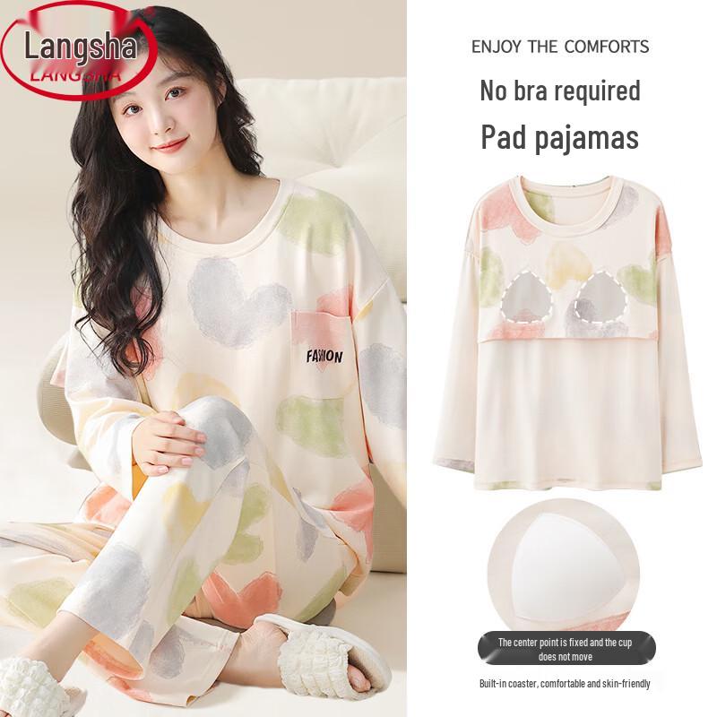 Langsha Women s Cotton Long Sleeve Pajama Set with Built-in Bra 2XL