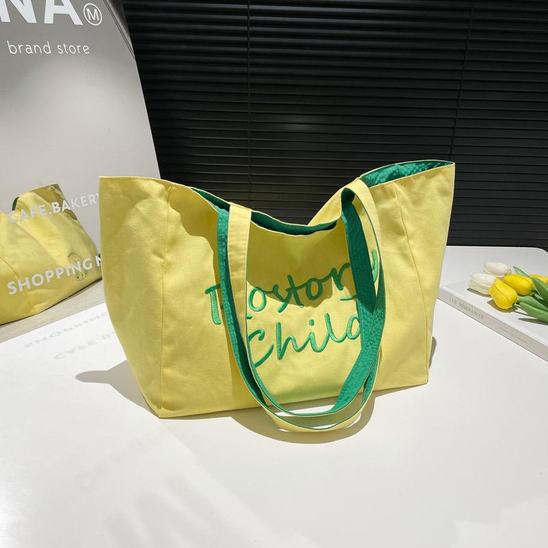 Spring and Summer New Tote Bag Lazy Wind Canvas Bag Simple Double-sided Bag Plaid Contrasting Shopping Bag