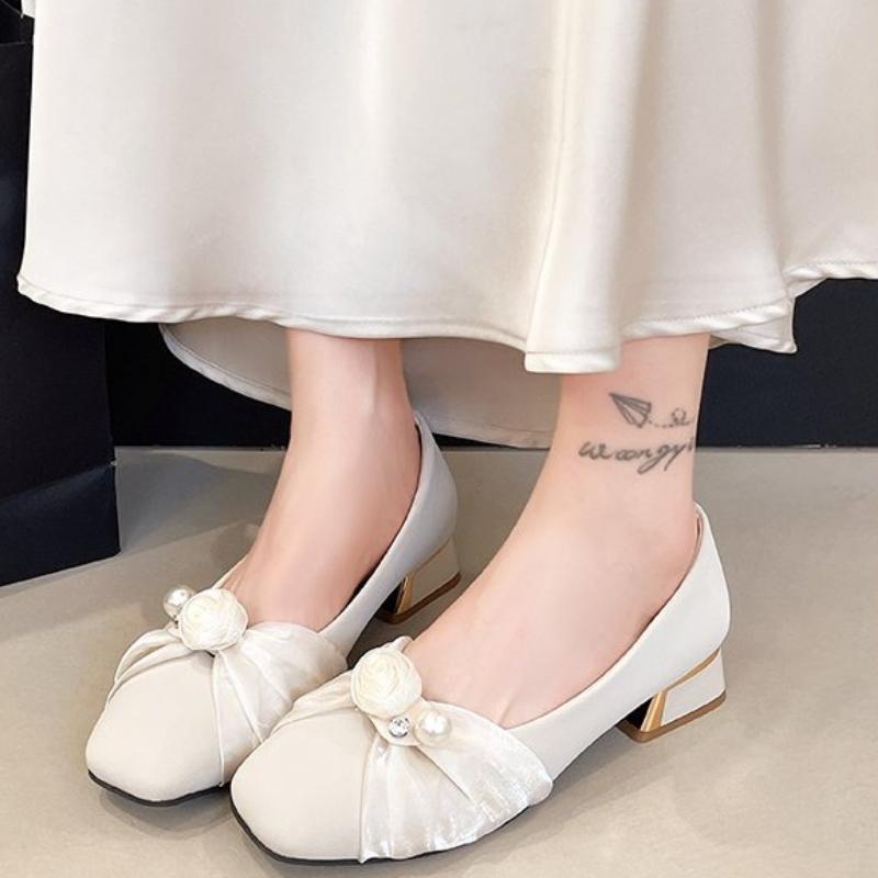 New Spring French Elegance Pearl Flower Chunky Heel Single Shoes Women Autumn Low Cut Gentle Match Skirts  Evening Shoes