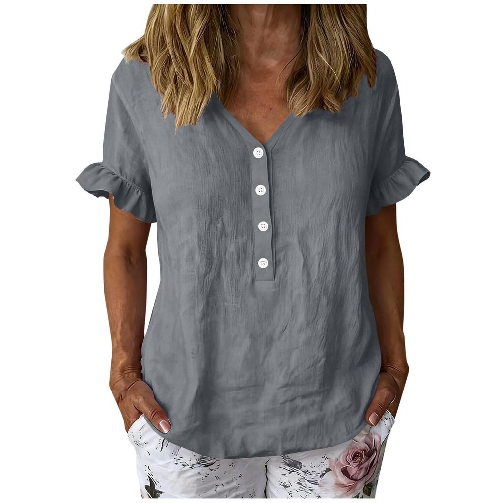 Women’s Casual Button Front Ruffle Sleeve Shirt Loose Fit Cotton Linen Blouse Relaxed Fit V Neck Top for Daily Wear