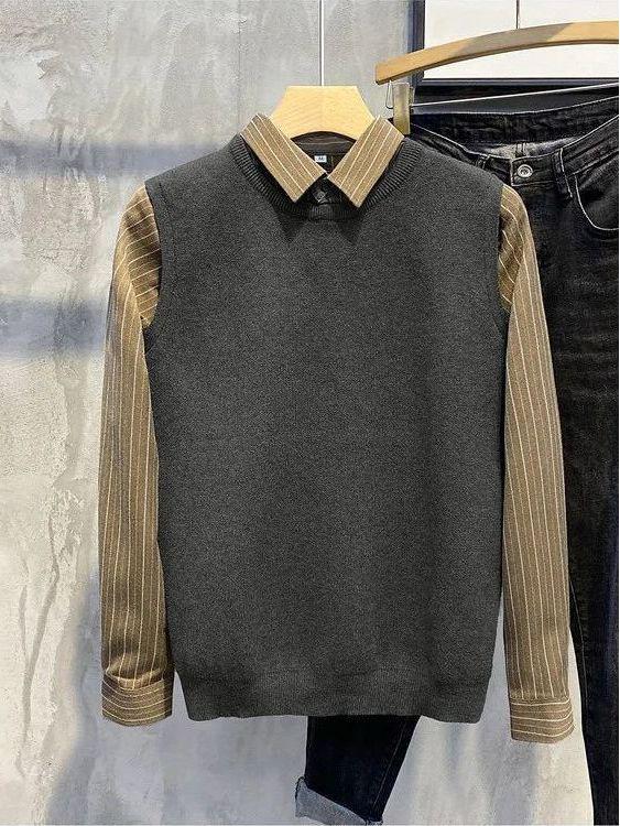 Men's Slim Retro Knitted Sweater with Shirt Collar - Autumn & Winter Trend