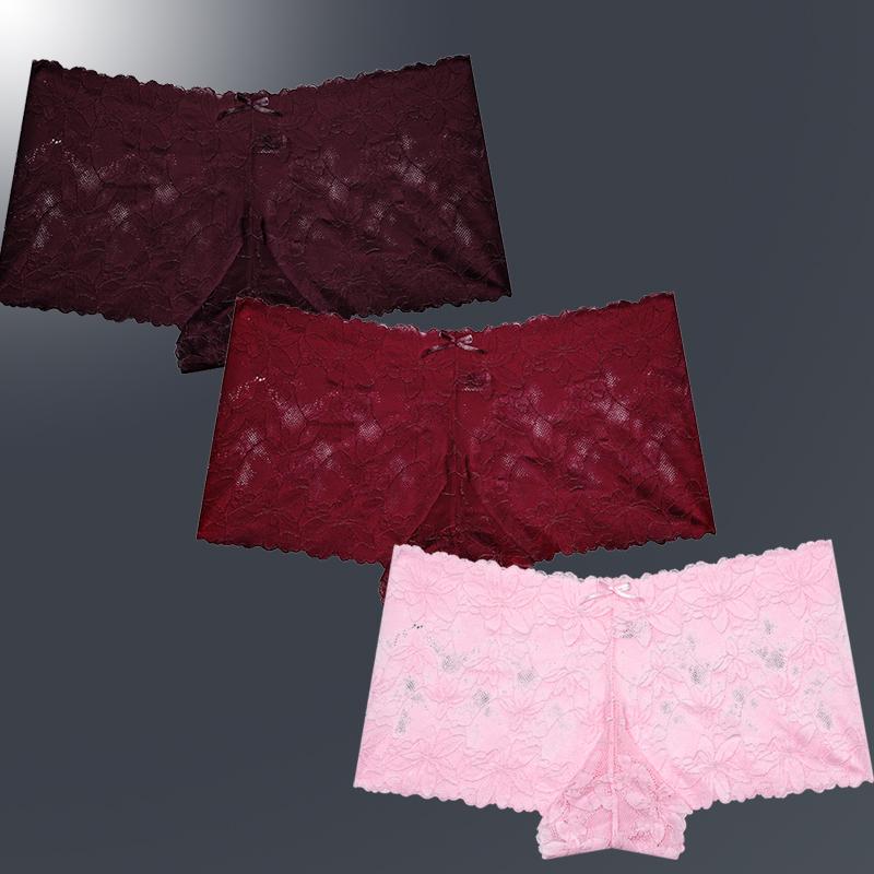 3ks/Sada Dámské Sexy Krajkové Kalhotky Průhledné Spodní Prádlo s Květinovými Listy V-Pas Boyshort pro Ženy Měkké Intimní Prádlo