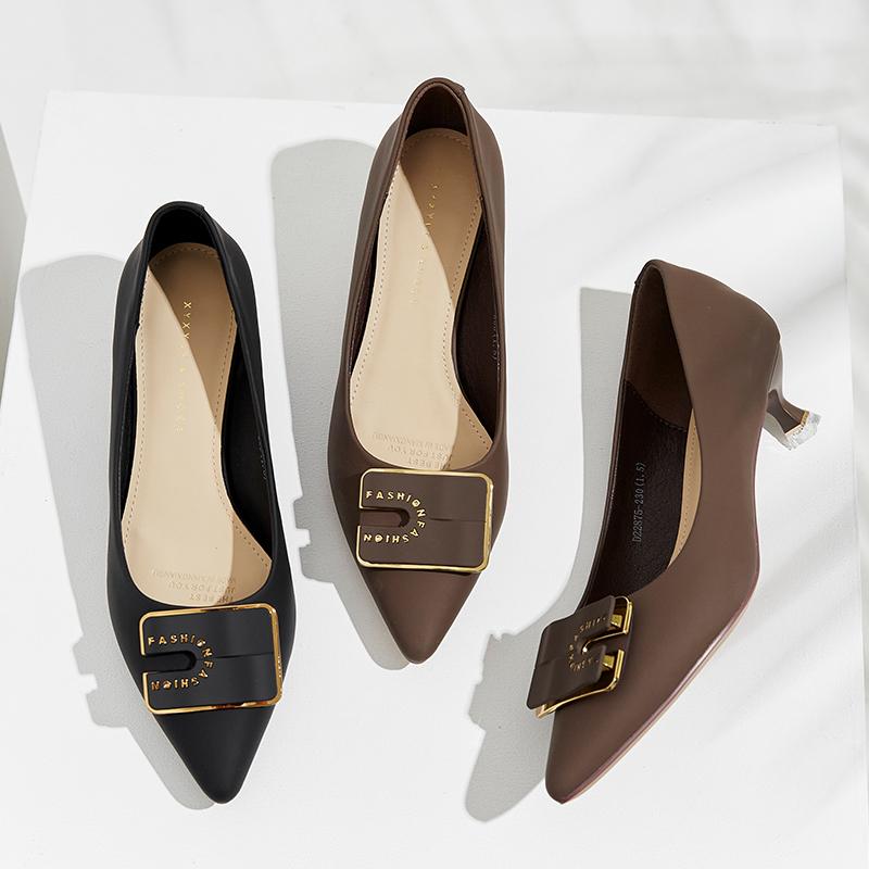[Same as in the mall] French pointed double layered square buckle thin heel low heel shallow mouth single shoe
