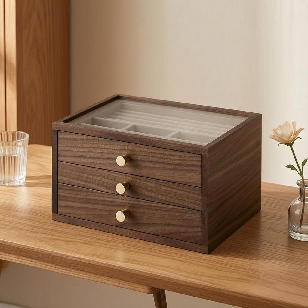 Wood-Grain Jewelry Box with Drawers Rectangular Drawer Large