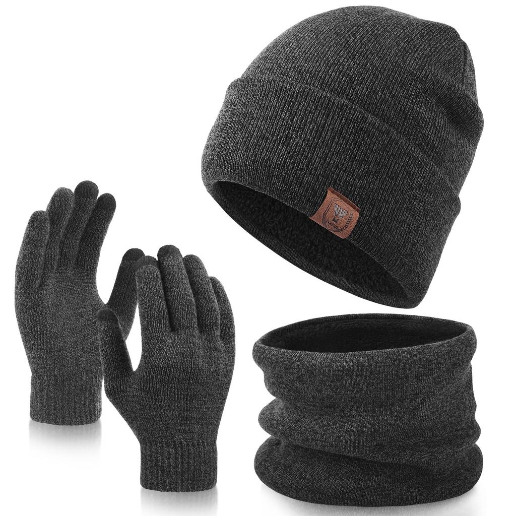 Hat Scarf Gloves Three Piece Set European and American Autumn and Winter Double Layer Plus Velvet Warm Hat Three Piece Set
