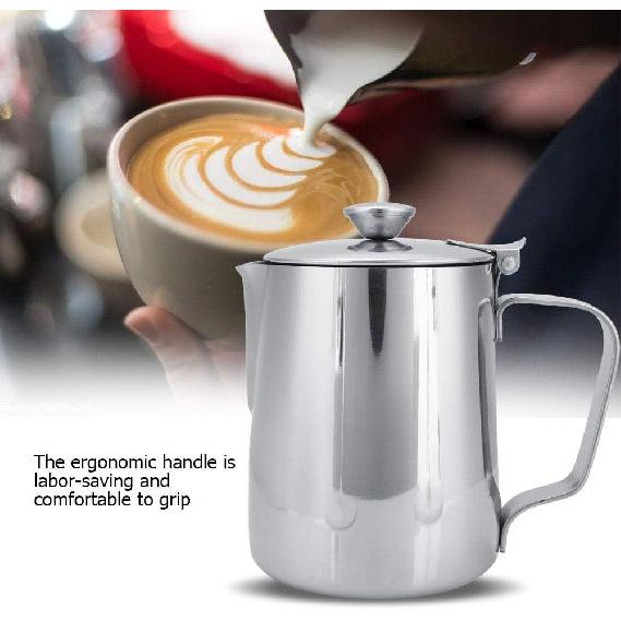 Stainless Steel Coffee Cup Mug Milk Frothing Pitcher Jug with Lid for Latte Coffee Art for Office Kitchen with handle(350mL)