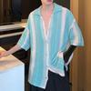 Farbblock-Revershemd Sommer Herren Gestrickt Farbkombination Elastisch Japanischer Stil Einreihig Lässig Kurze Ärmel Retro Schrumpffest Urlaub