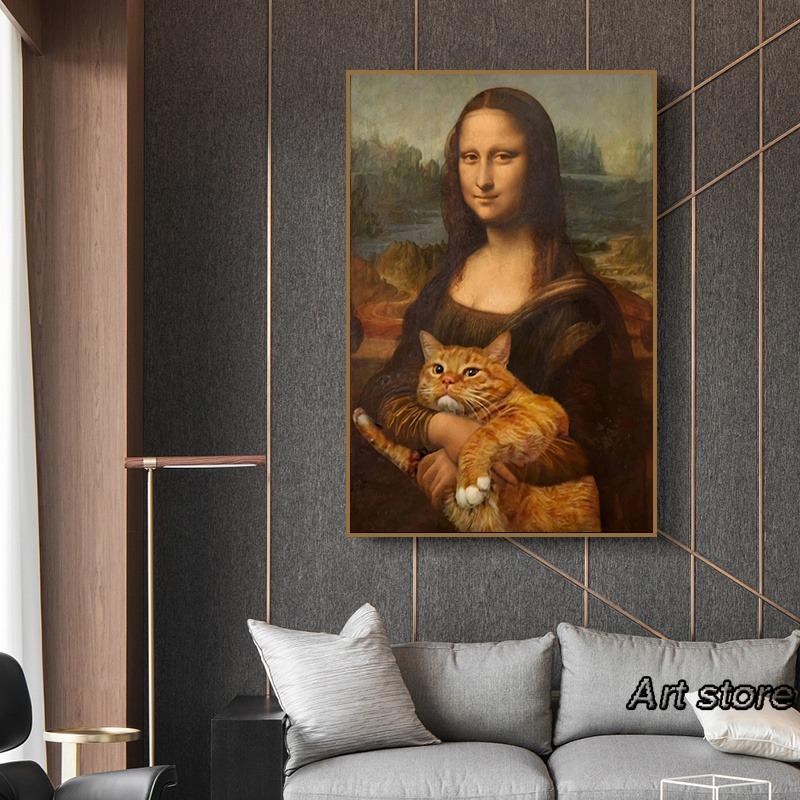 Nordic Funny Mona Lisa with Cat Bubble Poster Prints Canvas Paintings Bar Hotel Decorative Painting Mural Living Room Decor