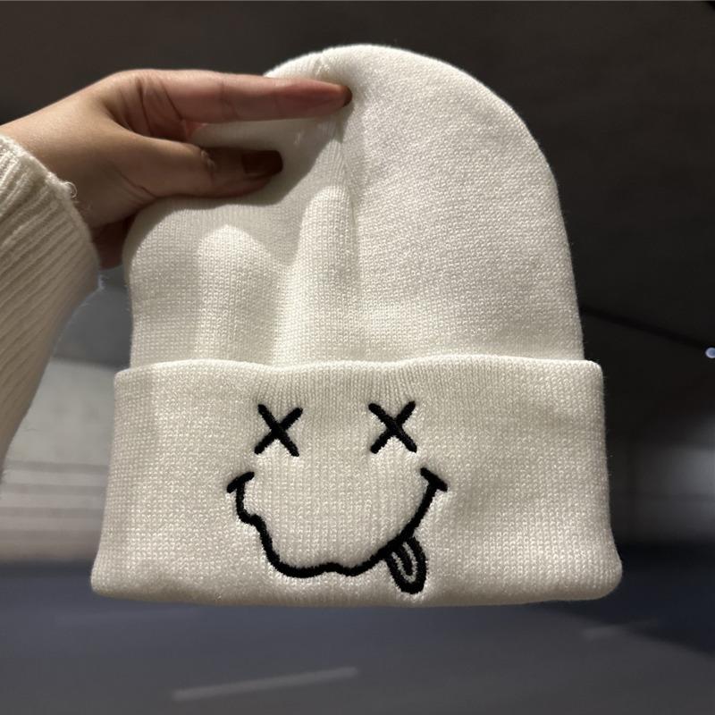 

Милая смешная шапка с вязаным смайликом, детская, осенне-зимняя, новая, персонализированная, универсальная, теплая, с защитой ушей, шерстяная шапка для мужчин M（56-58cm）