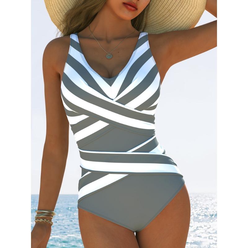 Women's Black White Cross Stripe V Neck One Piece Swimsuit