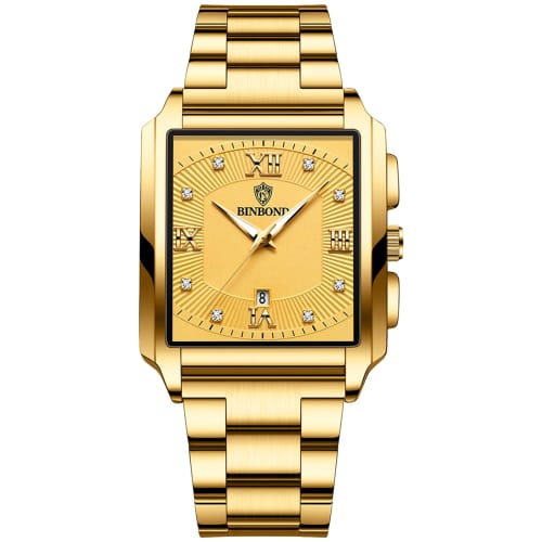 Seiko Men's Watch: Square Dial, Upgraded Waterproof Quartz Watch, Stainless Steel, Adjustable, Gold, for Business and Everyday Use