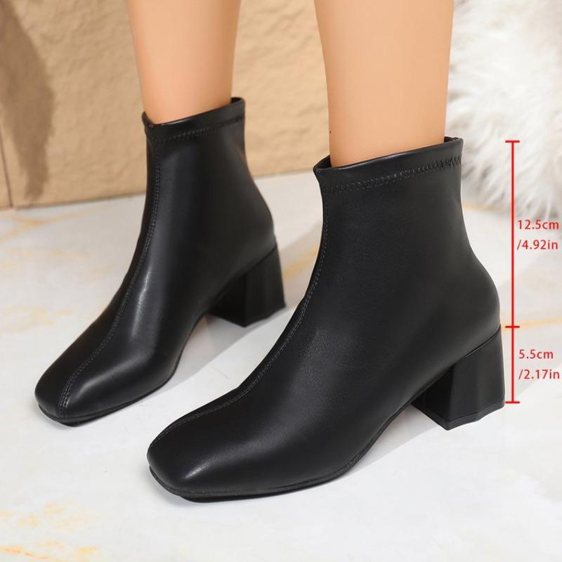 Square head thick heel women's leather boots autumn and winter new zipper small thin boots fashion leather boots