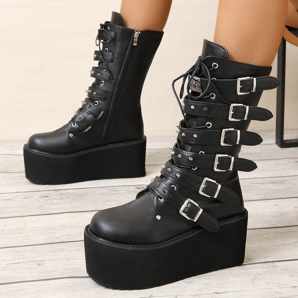 Punk style rivet medium tube knight boots women's autumn and winter thick-soled high-heeled belt buckle large size 43 women's boots