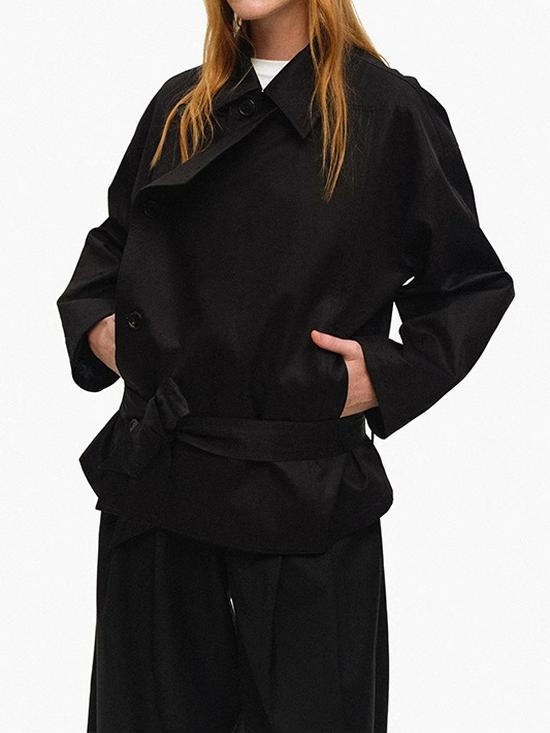 American Short Lapel Trench Coat: High-End Waist-Defining Double-Breasted Loose Long Sleeve Jacket for Women