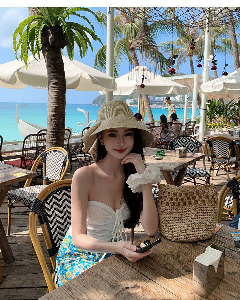 Women's Thailand Beach Resort Floral Two-Piece: White Bandeau Top & Skirt Set