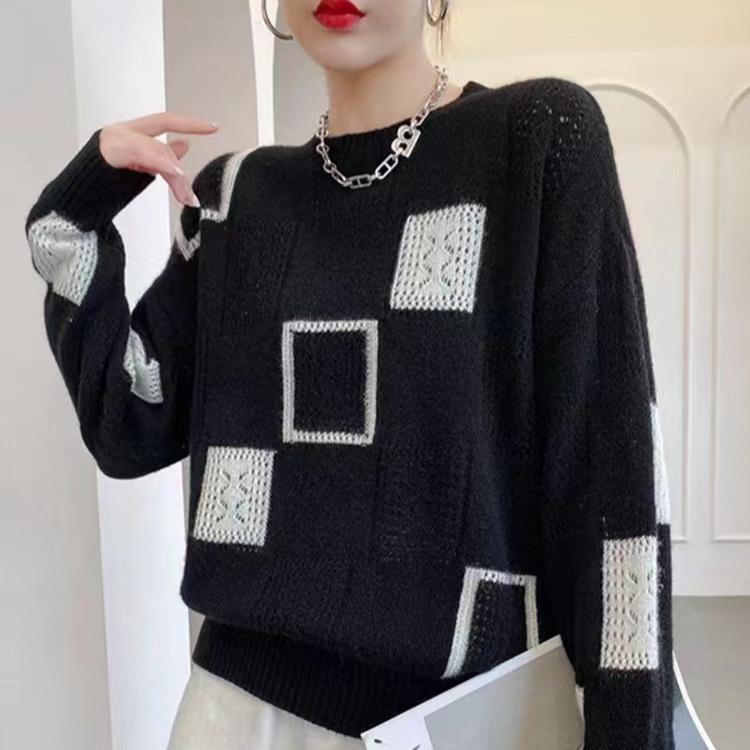 

Винтажный женский клетчатый свитер с цветными блоками, осень/зима, свободный свитер с круглым вырезом, пуловер, трикотажный топ, джемпер L чёрный