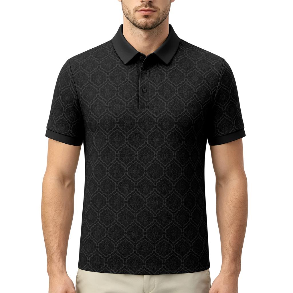 Men's Short Sleeve Polo Shirt Textured Pattern Button Collar Casual Fit Breathable Fabric Summer Top