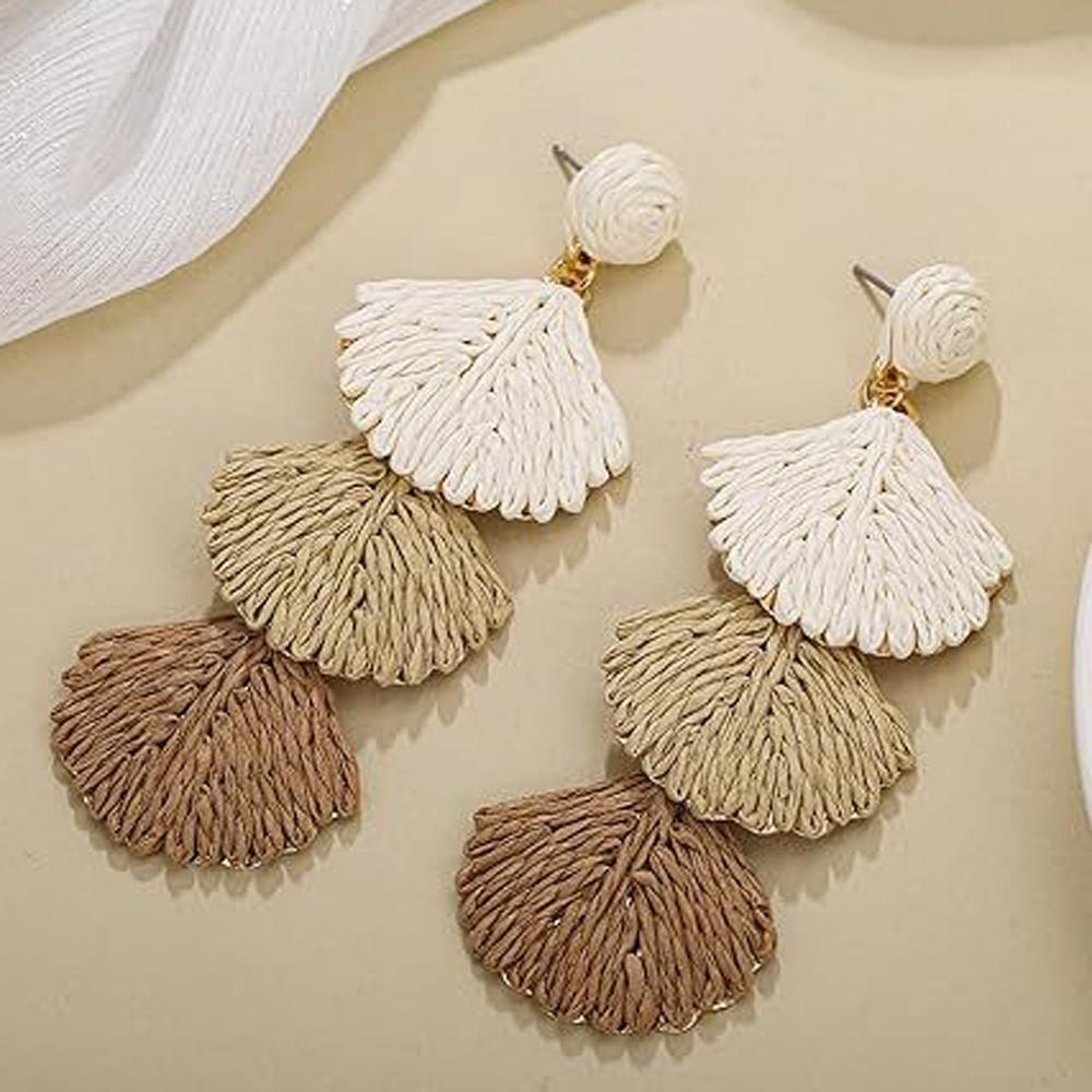 Raffia Dangle Earrings for Women - Boho Statement Rattan Drop Jewelry Shell Design, Lightweight Summer Beach Trendy Accessories