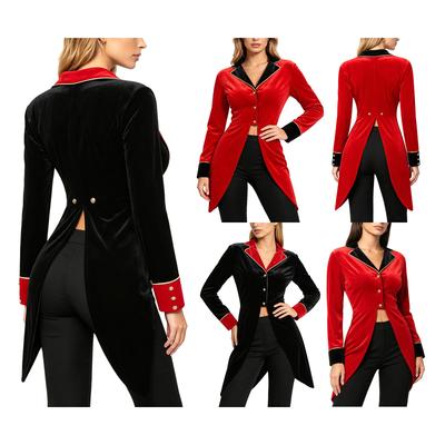 Dame Fløjls Ringmaster Halejakke Guld Kant Krave med Lap Long Sleeve Farveblok til Halloween Cosplay Karneval Udklædning