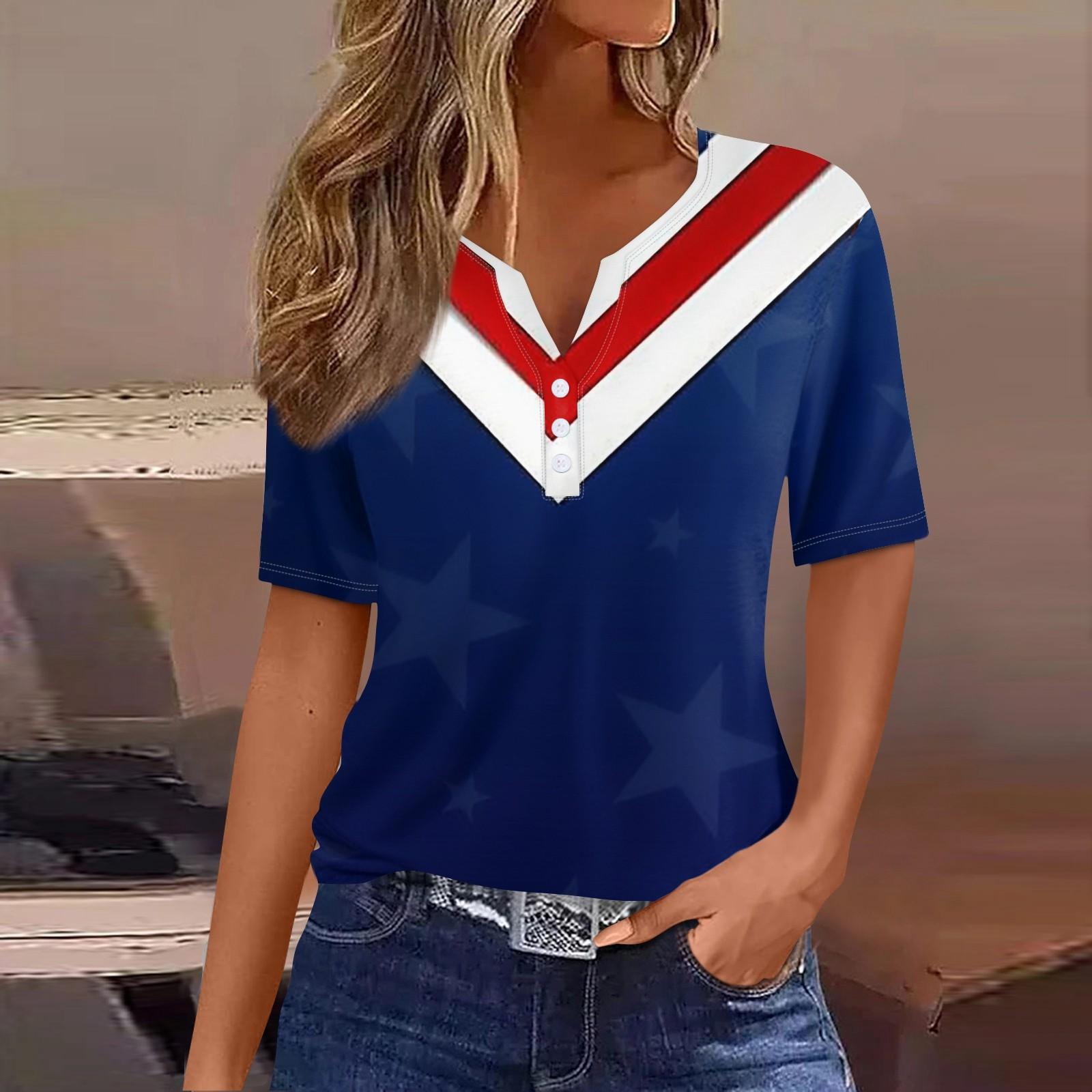 

Жен. Футболка Футболка День независимости С принтом Пуговицы С короткими рукавами Повседневные Выходные Мода Классический Классический V-образный вырез Обычный Топ XXXL