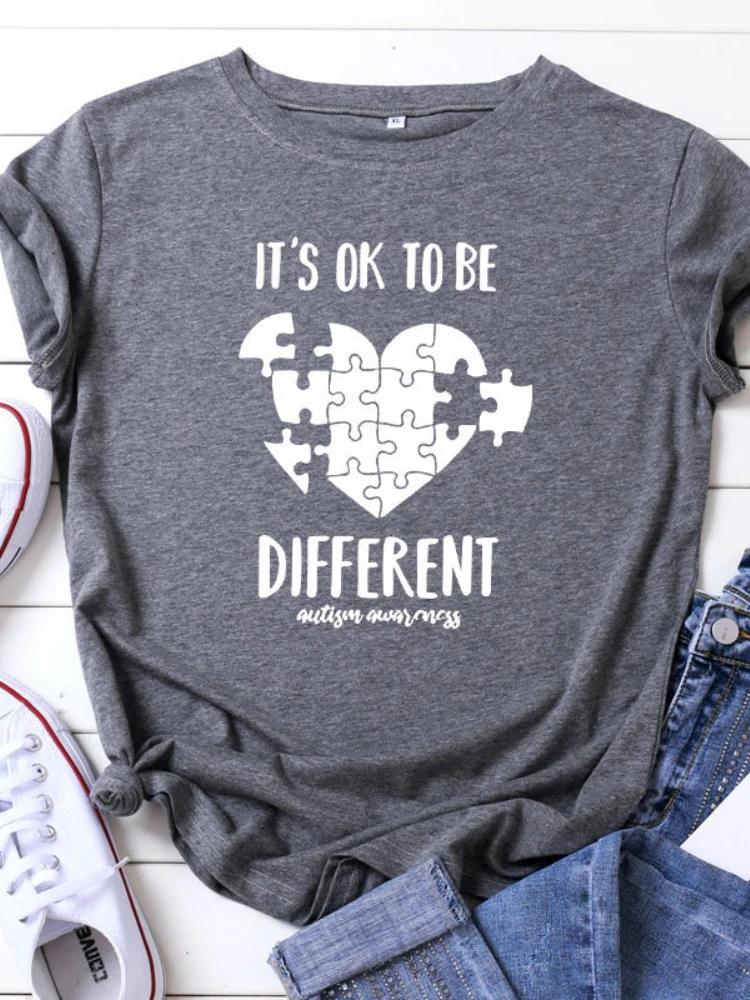 Be Different Jigsaw Heart Print Women T Shirt Short Sleeve O Neck Loose Women Tshirt Ladies Tee Shirt Tops Camisetas Mujer