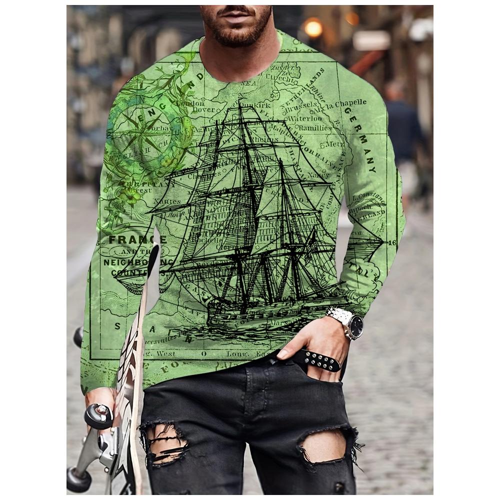 Camiseta de Manga Larga con Estampado 3D de Ancla y Brújula, Top de Primavera y Otoño para Hombre, Retro Street, Oversized, Cuello Redondo