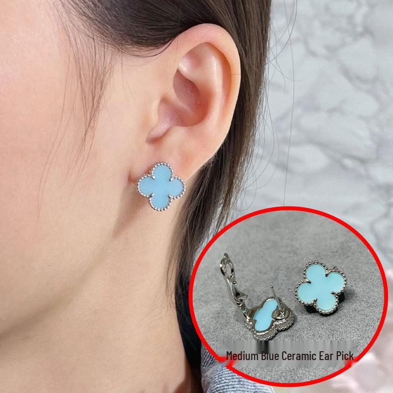High-Version 18K Rose Gold Earrings: Four-Leaf Clover with White Mother-of-Pearl & Red Agate - Fashionable, Luxurious, INS Style.