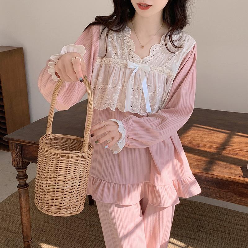 Korean Style Pure Cotton Pajamas Set Square Neck Long Sleeves Trousers Women Solid Color Kawaii Women's 2 Piece Pajamas Set Elegant