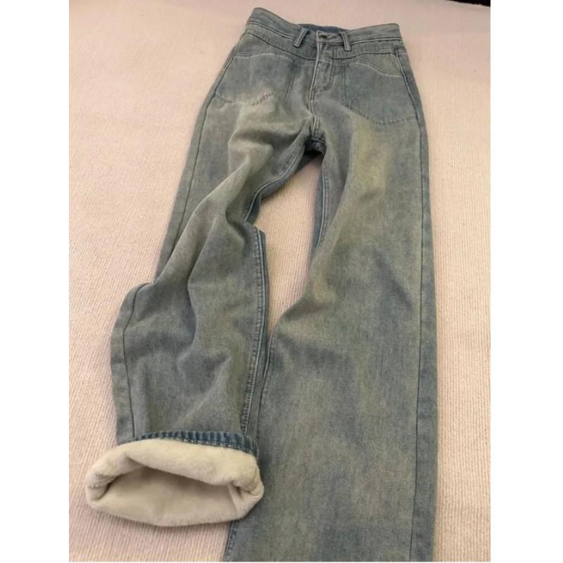 Women's Autumn Winter Vintage Fleece-Lined Straight-Leg Jeans Simple Wide-Leg Long Pants
