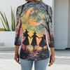 Women's Fashion Casual Lapel Short 3/4 Sleeve Halloween Print Shirt Women's Button Up Tops