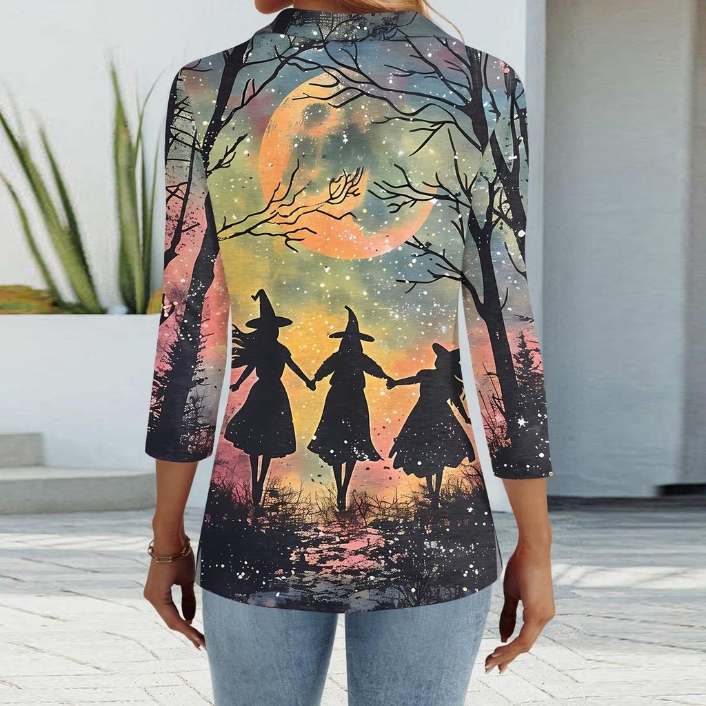 Women's Fashion Casual Lapel Short 3/4 Sleeve Halloween Print Shirt Women's Button Up Tops