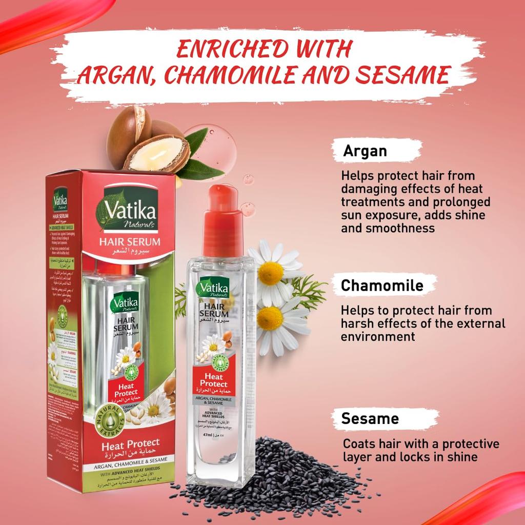 Vatika Naturals Hitzeschutz Haarserum (47 ml) | Natürliche Extrakte aus Argan, Kamille und Sesam | Fortschrittliche Hitzeschilde für das Haar