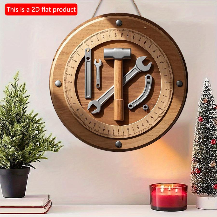 2D Flat 20cm 1pc Dad Father's Day Hammer Wrench Ruler Elements Round Wooden Wall Hanging Decor Present, A Surprising and Retro Wooden Pendant Gift