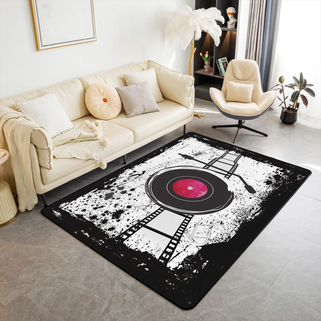 Record Area Rug CD Card Living Room Rugs Vintage Disc Print Decor Doormat Music Theme Carpet Non Slip Soft Indoor Floor Mat