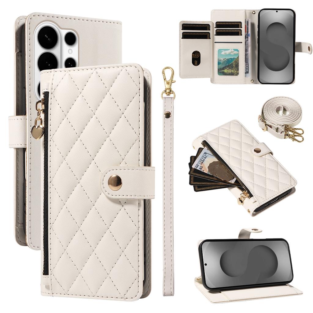 For Samsung Galaxy S26 Ultra Wallet Case with Straps, Rhombus Leather Stand Phone Cover