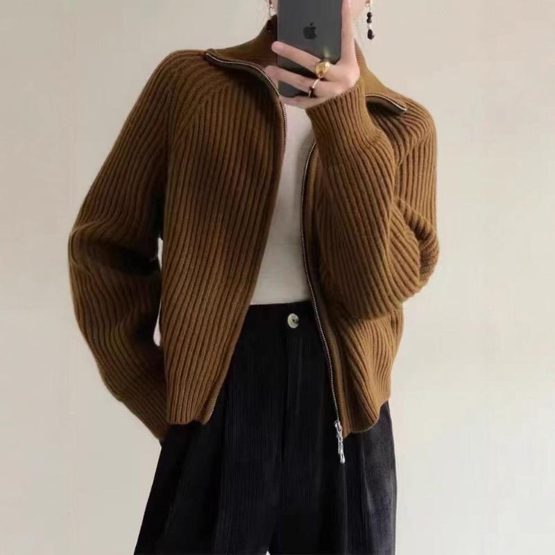 Lapel Double Zipper Sweater Jacket for Women's Autumn and Winter New Gentle Wind Soft Waxy Stand-up Neck Knitted Cardigan Top for Women