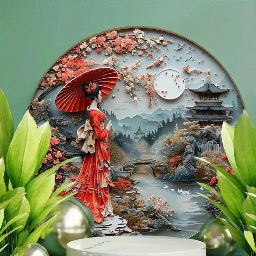 Metal Tin Sign Vintage Geisha Lady Wall Art Round Plaque Home Office Door Decor