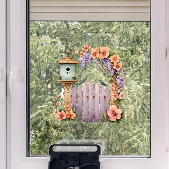 Frühlings-Fensteraufkleber Großer Zaun Vogelhaus Blumen Aufkleber Wiederverwendbar PVC Statische Glasaufkleber für Zuhause Büro Dekoration