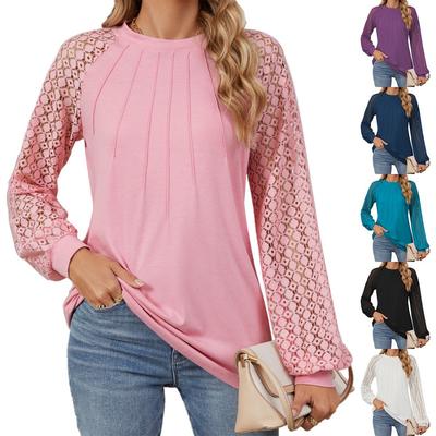 Herbst Winter Spitze Patchwork Ärmel T-Shirts Mode Elegant Langarm Oberteil Damen Rundhals Übergröße Lockeres T-Shirt