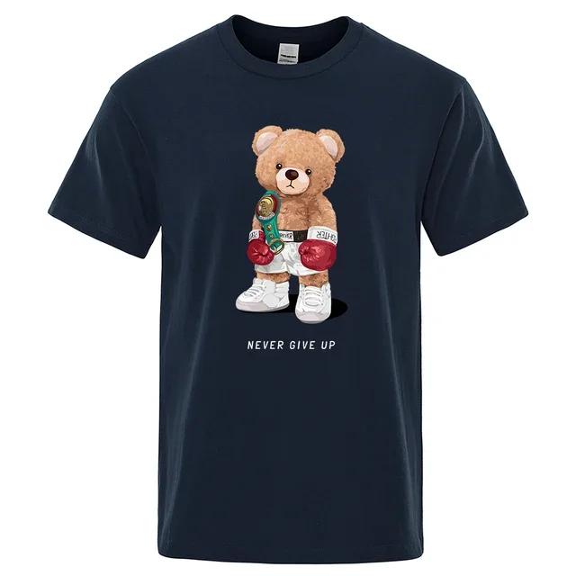 strong Boxer Teddy Bear Never Give Up Print Funny T-Shirt Men Cotton Casual Short Sleeves Loose Oversize S-XXXL Tee Clothing