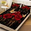 3pcs Red Black Soft Fitted Sheet Roses 3D Print Romantic Floral For Girls Couples 100% Polyester Flat Sheet With 2 Pillowcases
