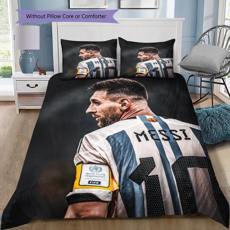 Lionel Messi GOAT Argentina No.10 Green Grass Print 3Pcs Bedding Set Without Pillow Core Washable Microfiber Football Fan Bedroom Duvet Cover Set
